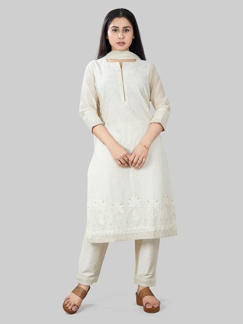 cotton culture off white embroidered kurta with pant & dupatta