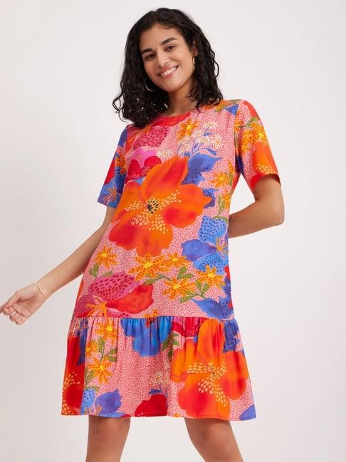 pink fort multicolored cotton floral print a-line dress