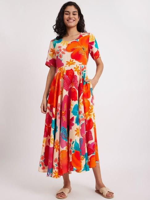 pink fort multicolored cotton floral print maxi dress