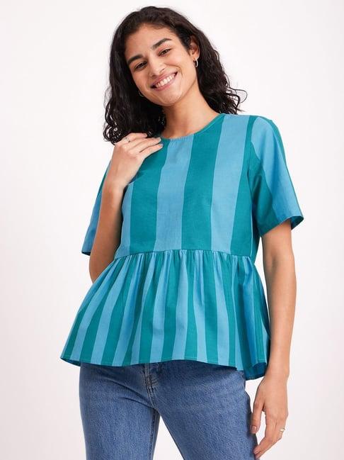 pink fort blue & green cotton striped peplum top