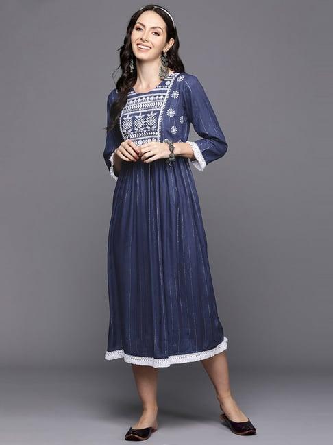 indo era blue embroidered a-line dress