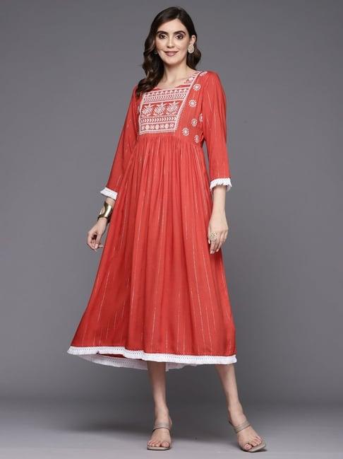 indo era orange embroidered a-line dress