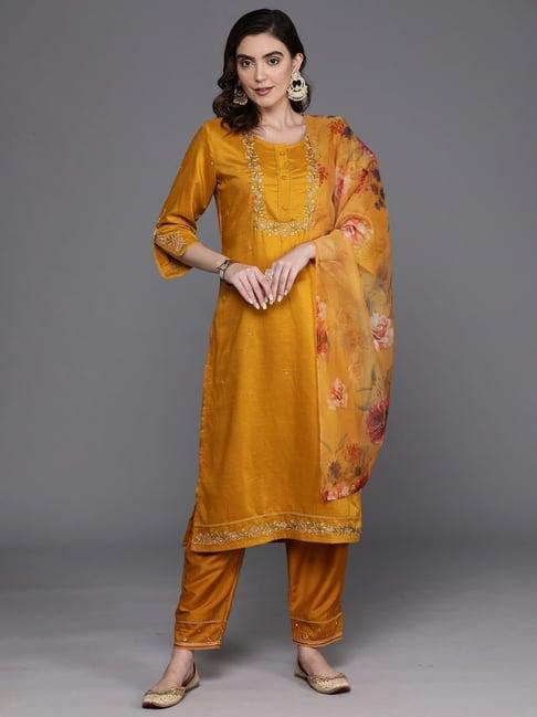 indo era mustard embroidered kurta pant set with dupatta