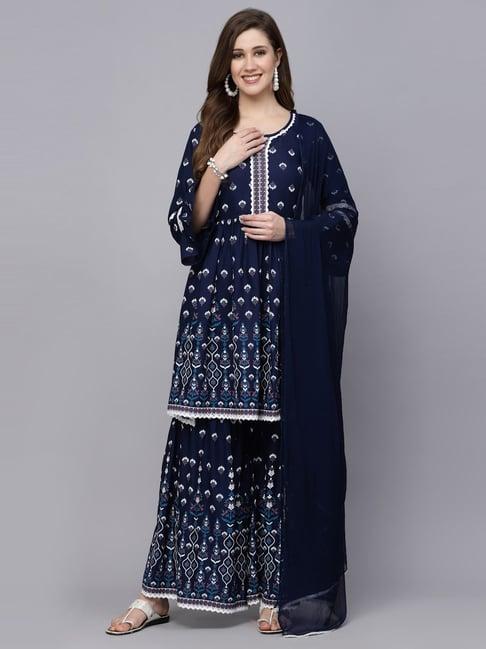 stylum navy printed kurti sharara set with dupatta