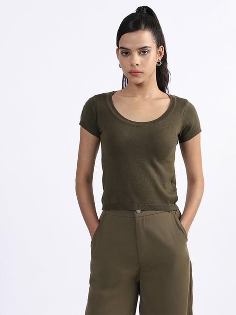 nuon by westside solid knit dusty olive-colored top