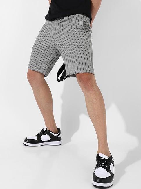 campus sutra grey cotton regular fit striped shorts