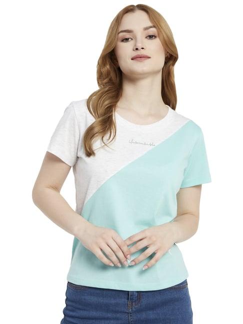 mettle green & white cotton color-block t-shirt