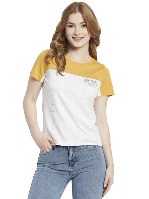 mettle white & mustard cotton color-block t-shirt