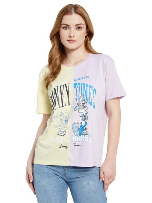 mettle yellow & lilac cotton printed t-shirt