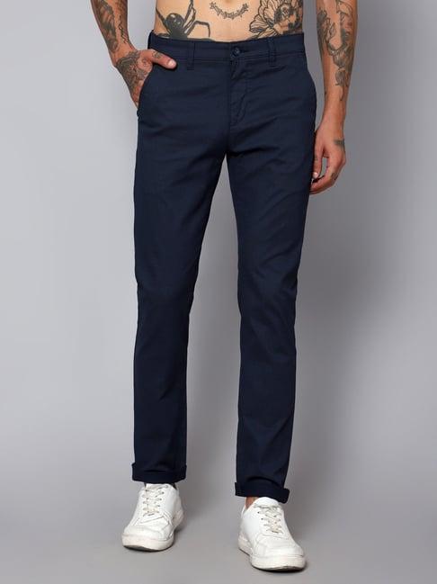 cantabil navy blue cotton regular fit printed trousers