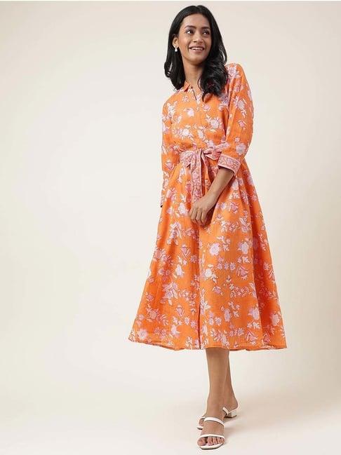 fabindia orange floral print a-line dress