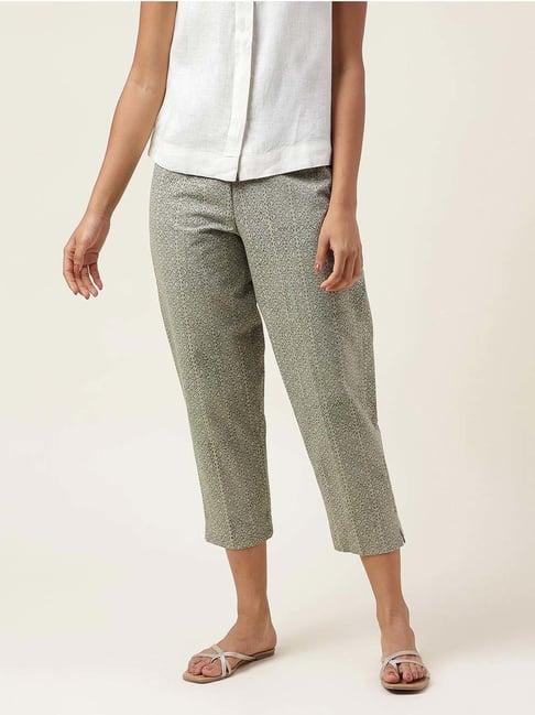 fabindia grey & green cotton printed cropped pants