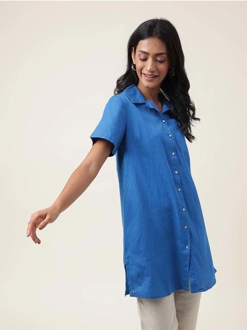 fabindia blue cotton shirt collar tunic