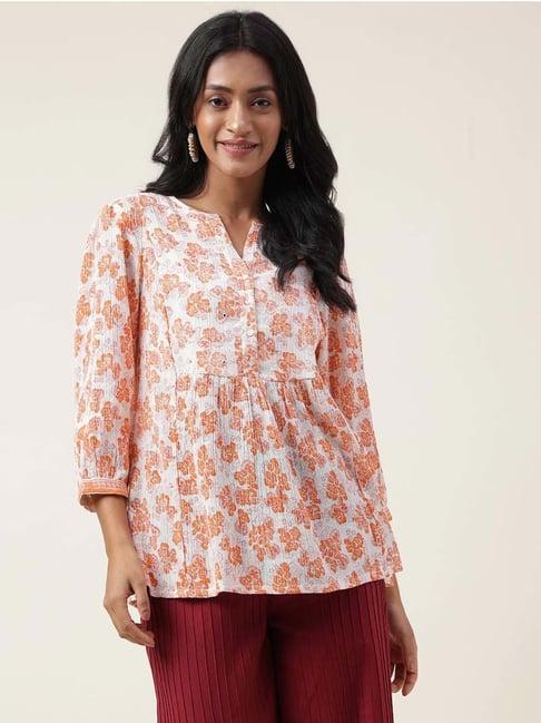 fabindia orange cotton floral print top