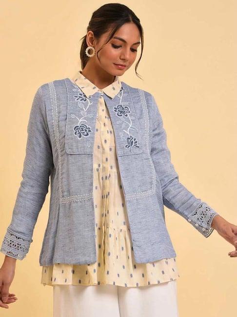 w blue cotton embroidered jacket