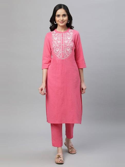 aurelia pink cotton embroidered kurta pant set