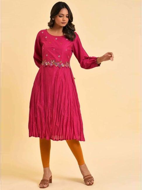 w pink embroidered a line kurta