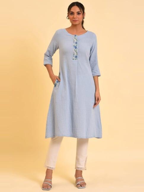 w blue cotton embroidered a line kurta