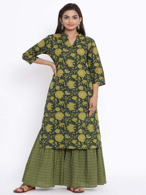 miravan green cotton printed kurta palazzo set