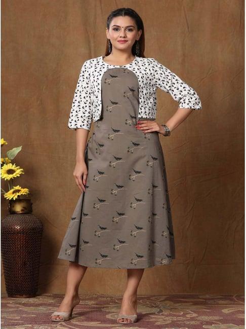 miravan grey cotton printed a-line dress with jacket