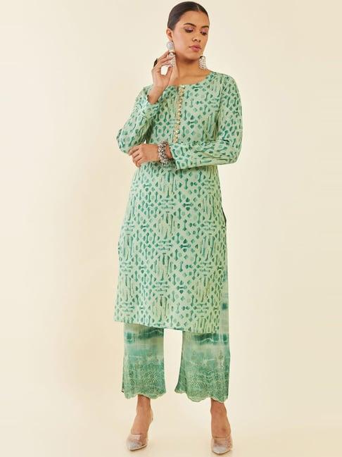 soch green cotton printed kurta palazzo set