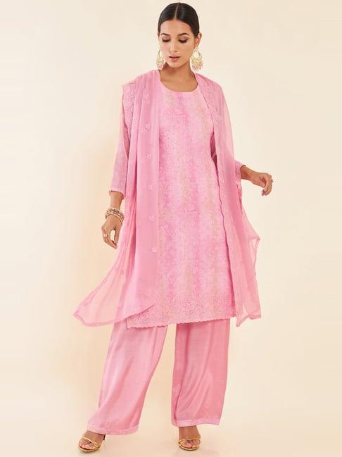 soch pink embroidered unstitched dress material