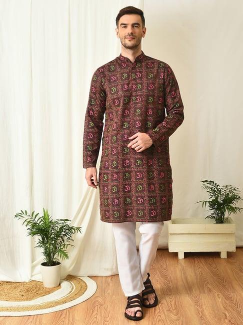 hangup maroon regular fit graphic kurta & pyjamas set