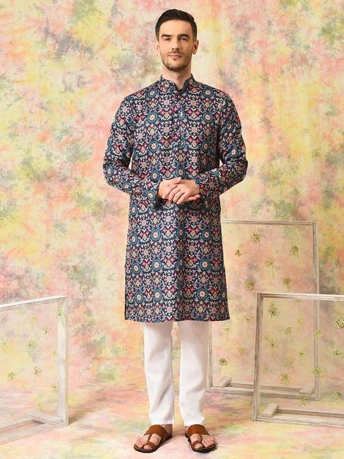 hangup navy regular fit print kurta & pyjamas set