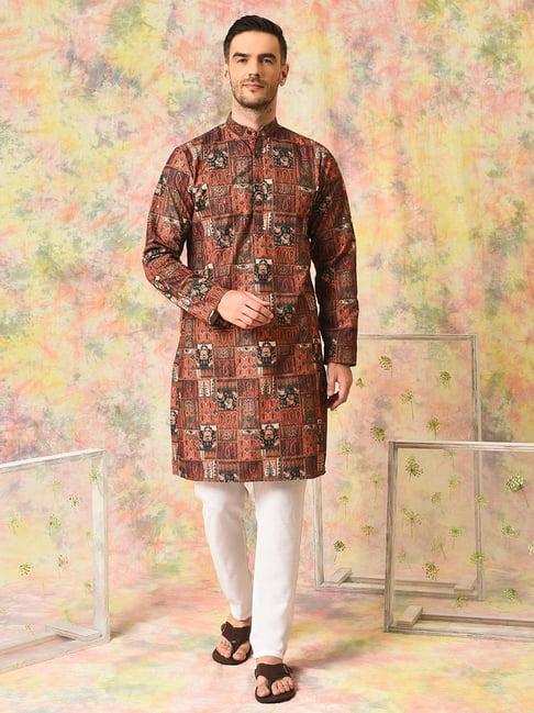 hangup brown regular fit print kurta & pyjamas set