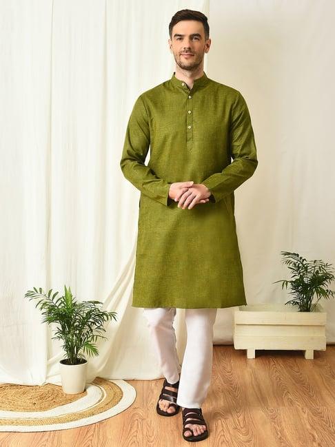 hangup khaki regular fit texture kurta & pyjamas set