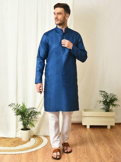 hangup dark blue regular fit texture kurta & pyjamas set