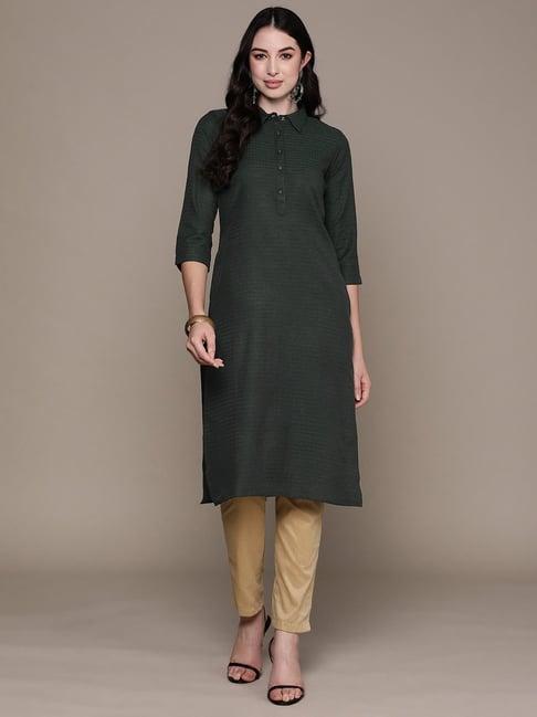 anubhutee green cotton printed straight kurta