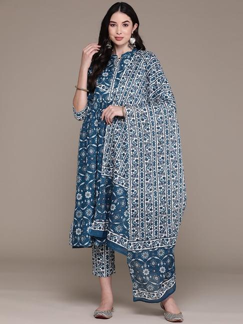 anubhutee blue cotton floral kurta with pants & dupatta