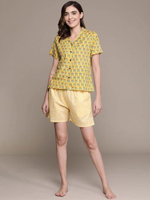 anubhutee yellow cotton printed shirt with shorts