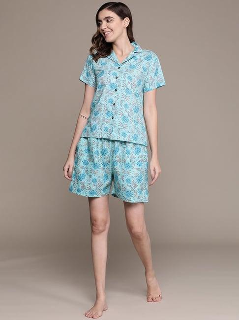 anubhutee blue cotton floral print shirt with shorts