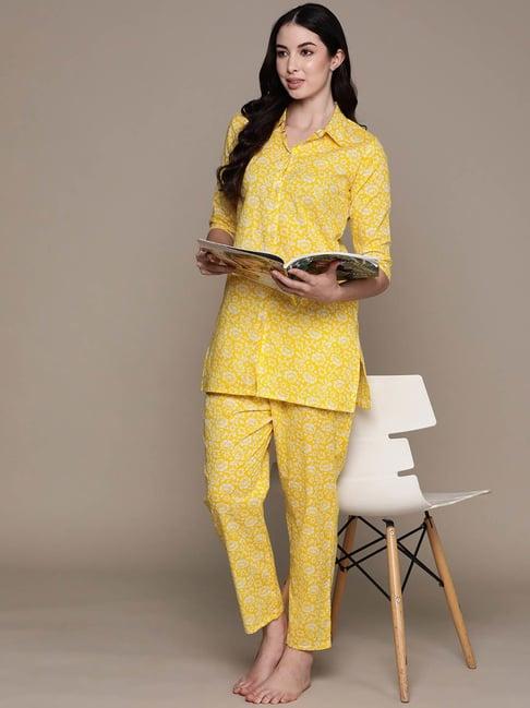 anubhutee yellow cotton floral print shirt with pyjamas