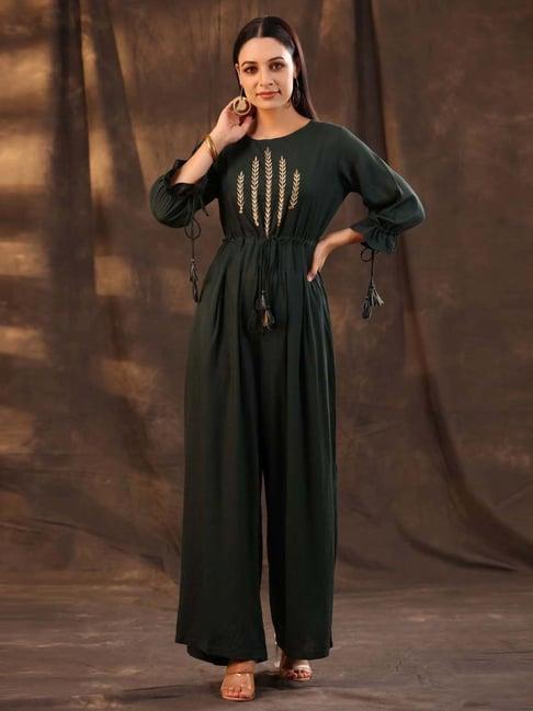 juniper jade green ethnic motif printed rayon slub jumpsuit with zari work embroidery