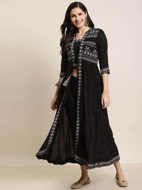 juniper black ethnic motif printed rayon jacket style kurta & pants set