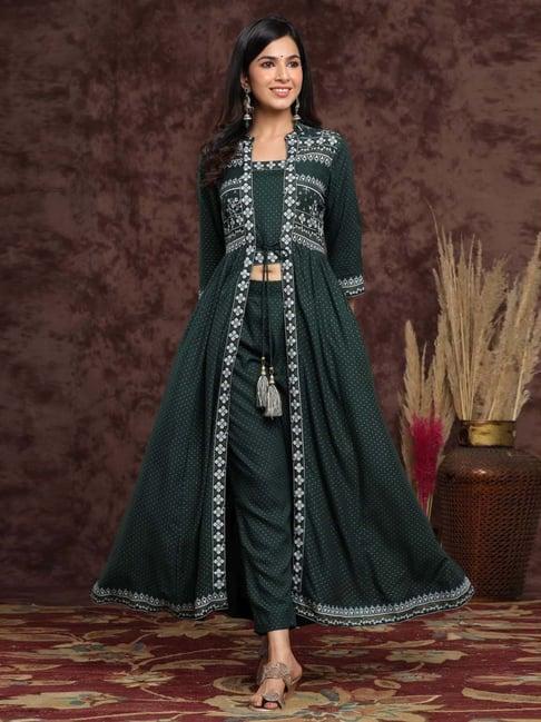 juniper jade green ethnic motif printed rayon jacket style kurta & pants set