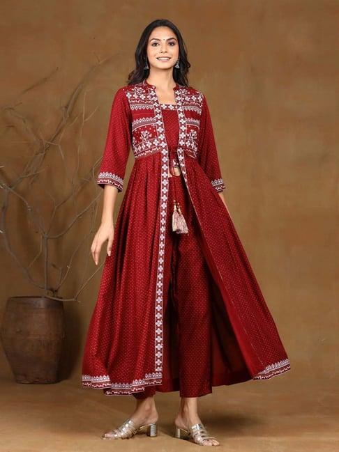 juniper maroon ethnic motif printed rayon jacket style kurta & pants set