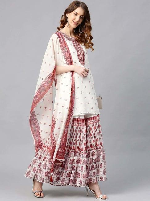 juniper maroon ethnic motif print georgette kurta sharara & dupatta set with thread work embroidery