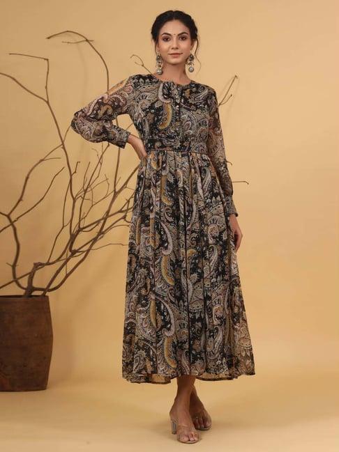 juniper black paisley printed chiffon flared maxi dress with buttons