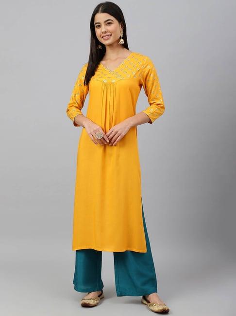 janasya orange rayon floral print straight kurta