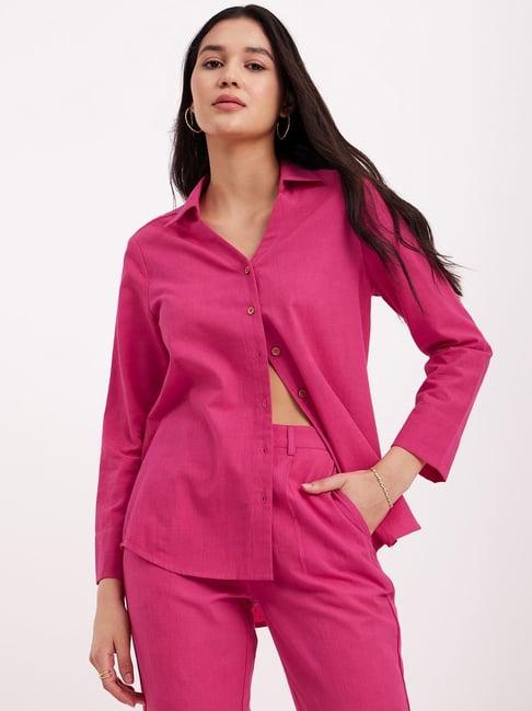 fablestreet fuchsia linen relaxed fit shirt