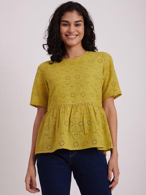 fablestreet lime yellow cotton embroidered top