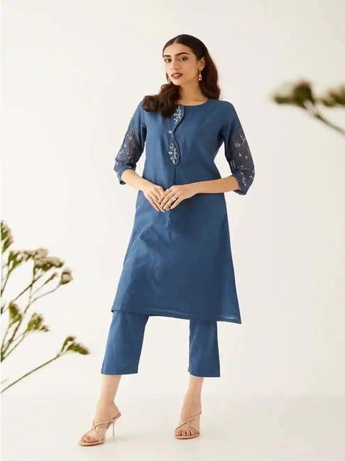 taneira blue embroidered kurta pant set