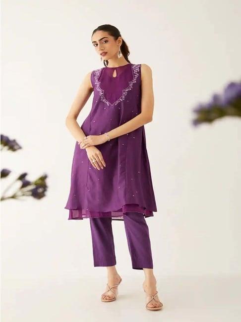 taneira purple embroidered kurta pant set