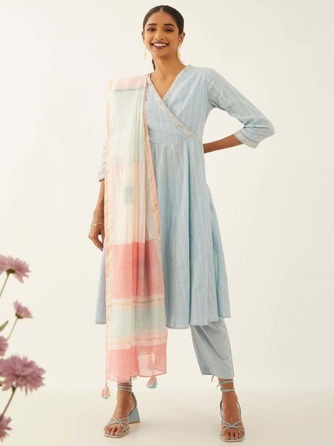 taneira blue cotton embroidered kurta pant set with dupatta