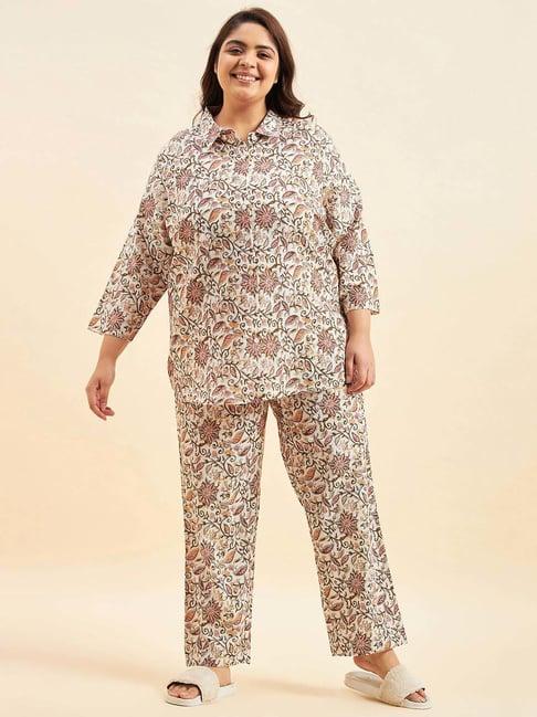 sweet dreams cream cotton printed shirt pyjama set