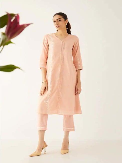 taneira peach embroidered kurta pant set